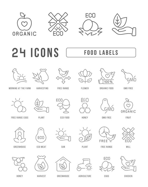 Food Labels. Collection of perfectly thin icons for web design, app, and the most modern projects. The kit of signs for category Food and Drinks. - Vetor, Imagem