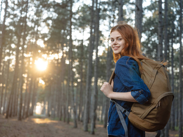 Utazó hátizsákkal naplementekor egy fenyőerdőben - Fotó, kép