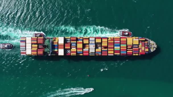 Μεγάλο πλοίο εμπορευματοκιβωτίων στη θάλασσα. Αεροφωτογραφία από πάνω προς τα κάτω - Πλάνα, βίντεο