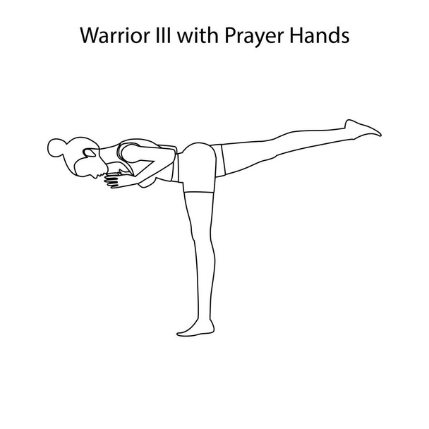 Krieger III mit Gebetshänden posiert auf weißem Hintergrund mit Yoga-Workout-Umriss. Vektorillustration - Vektor, Bild