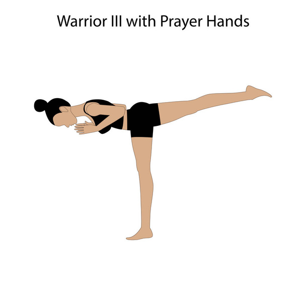 Krieger III mit Gebetshänden posiert beim Yoga-Workout auf weißem Hintergrund. Vektorillustration - Vektor, Bild