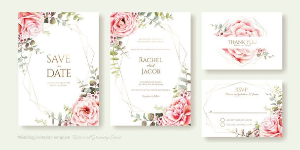 Set of floral wedding Invitation card, save the date, thank you, rsvp template. Vector. Hydrangea flower, Pink rose with greenery. - Vector, Image