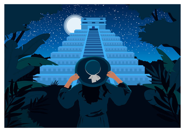 Женщина смотрит на пирамиду Майи. Векторный цвет ручной работы плоская иллюстрация на фоне панорамы ночного неба - Вектор,изображение