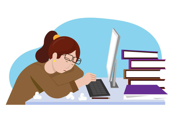 Zmęczona kobieta w biurze siedzi śpi na biurku Długi dzień roboczy wektor ilustracja - Wektor, obraz