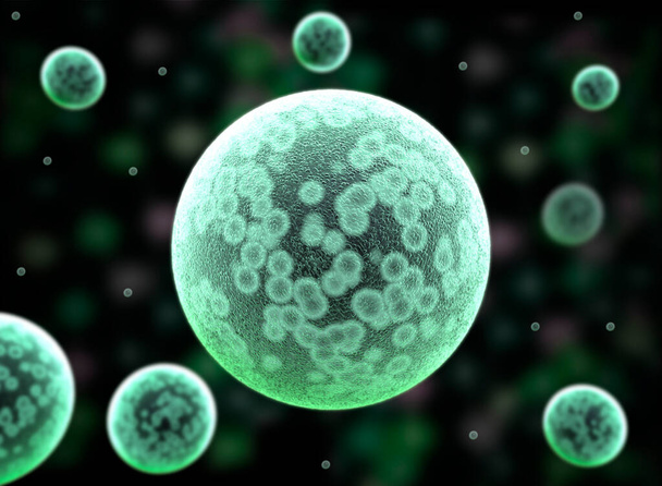 3D-Illustration einer zweigeteilten Stammzelle. 3d Stammzelle. Nukleol, Kern, Kern der eukaryotischen Zelle. menschliche Körperzelle. - Foto, Bild