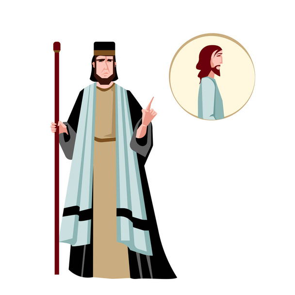 Buntes Bild eines Pharisäers, der mit dem Finger auf Jesus Christus zeigt, einfache flache Cartoon-Illustration für die Evangelien, Figur eines religiösen Heiligen in traditioneller Kleidung, Schriftzeichen auf Weiß isoliert. - Vektor, Bild