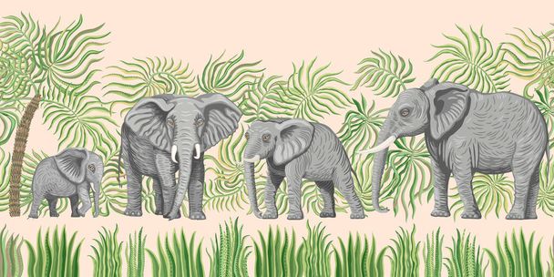 Schema di confine senza soluzione di continuità di animali safari vettoriali savana. Elefanti africani, foglie di palma, erba, erbe aromatiche, cespuglio isolato su sfondo beige - Vettoriali, immagini