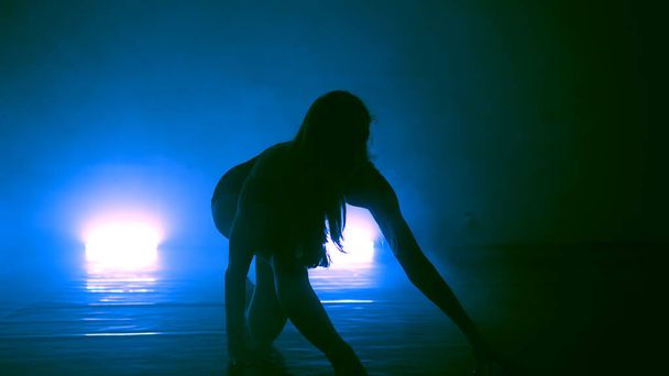 Silueta de una sensual chica erótica bailando baile sexy con luz en su espalda. Fondo de humo oscuro - Foto, Imagen