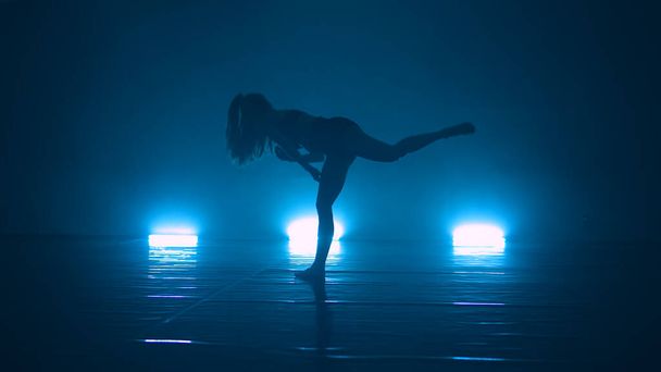 Graceful modern ballet woman dancing in studio floor with blue lights - Foto, imagen