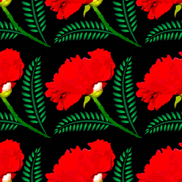 Красный мак Терри на черном фоне - иллюстрация. Квадрат Одинокий цветок. Растения. Бесшовная текстура, узор Бесшовная текстура, узор - Вектор,изображение