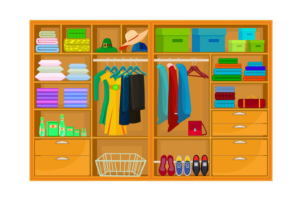 Inner space of closet or wardrobe isolated on white background. Clothes or apparel hanging on hanger and lying on shelves. Closet with shelves, hangers and boxes. Cupboard full of things.Clothing organization or storage. Stock vector illustration - Vector, Image