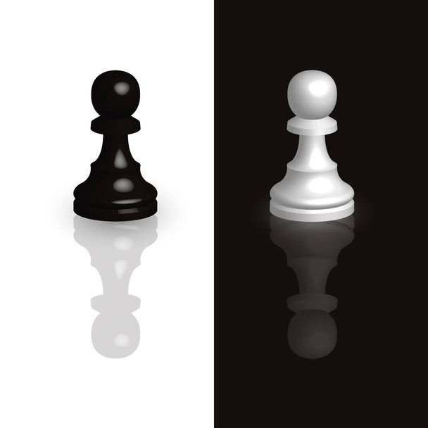 Gerçekçi satranç taşı 3d piyonu siyah ve beyaz arka planda, yansıması yüzeyde. Siyah ve beyaz. Tahta oyunu. - Vektör, Görsel