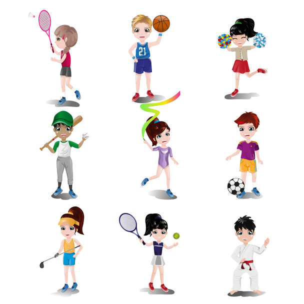 Lapset käyttävät ja pelaavat eri urheilulajeja
 - Vektori, kuva