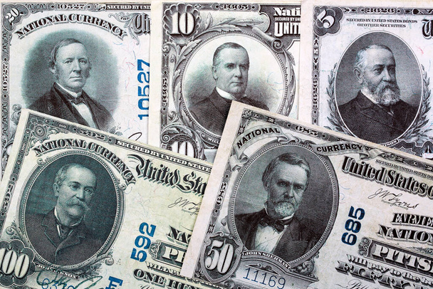 Notas do Banco Nacional - moeda dos EUA emitida em 1902 - Foto, Imagem