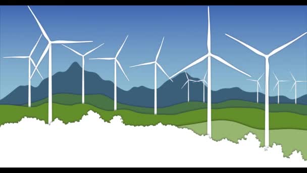 Ветряные турбины в зеленых холмах с бумажным стилем летний пейзаж - Кадры, видео