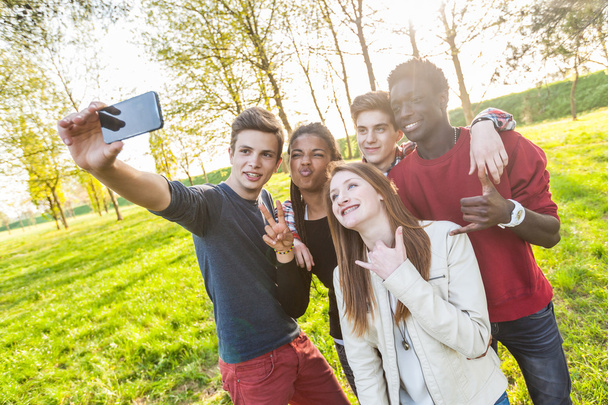 Teenage Friends Taking Selfie at Park - 写真・画像