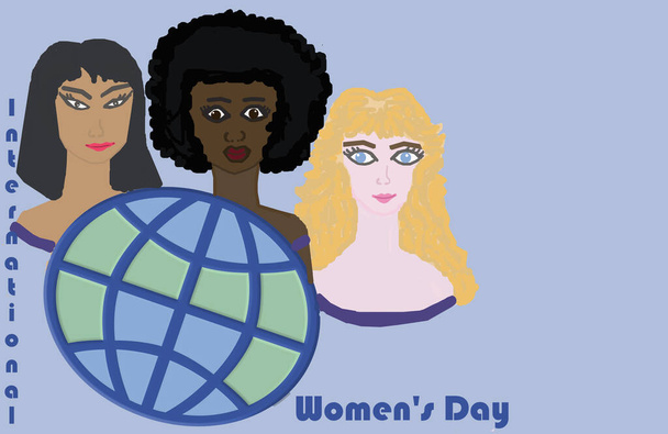 青い背景には、異なる肌の色を持つ異なる民族の3人の女性の肖像画。以下は世界のモデルです。角に碑文があります: "国際女性の日".  - 写真・画像