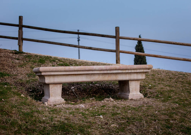 Marble bench on a hill in San Giorgio di Valpolicella in the province of Verona. - Photo, Image