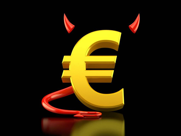 Monnaie euro avec cornes du diable et queue sur fond noir. Illustration 3d - Photo, image