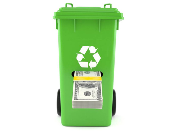 Dustbin με χρήματα μέσα απομονώνονται σε λευκό φόντο. 3D εικονογράφηση - Φωτογραφία, εικόνα