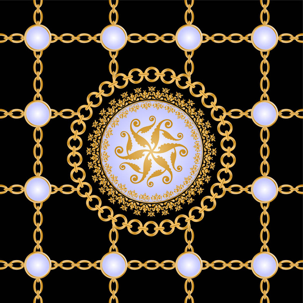 Patrón sin costuras decorado con piedras preciosas, cadenas de oro y perlas. - Vector, imagen