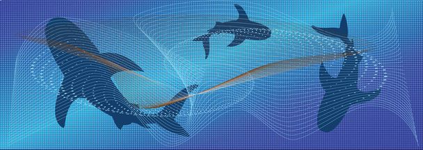 Des requins sous l'eau. Grungy Horizontal Banner. Style abstrait. Illustration vectorielle - Vecteur, image