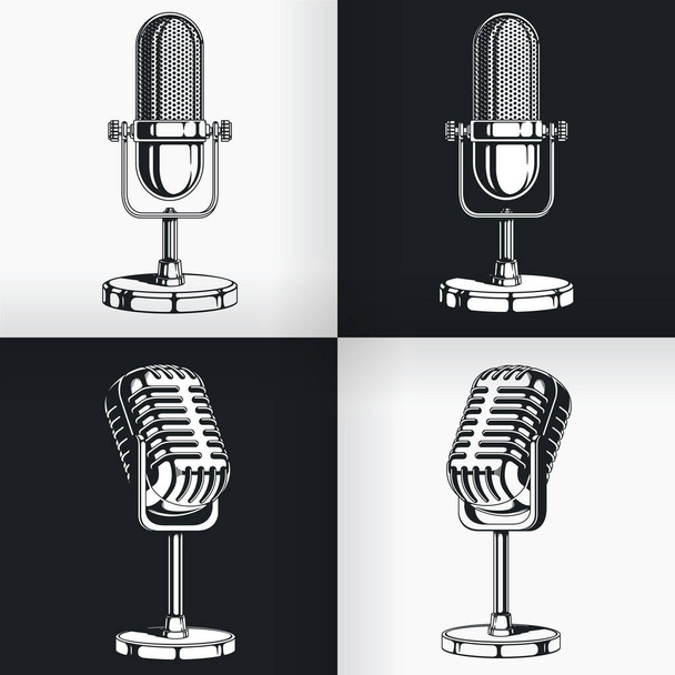 Silhouette régi vintage rádió mikrofon retro podcast, klasszikus előfizetői rajzfilm illusztráció - Vektor, kép