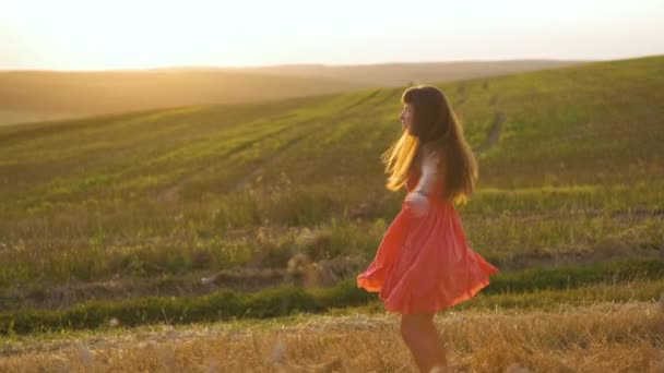 Szczęśliwa, długowłosa młoda kobieta w czerwonej letniej sukience kręcąca się na złotym polu pszenicy o zachodzie słońca. - Materiał filmowy, wideo