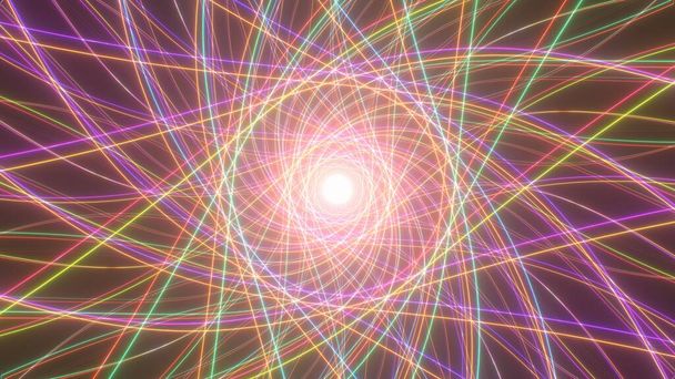 Volar en hermosas curvas fractales túnel de luz de neón arco iris brillante 3D Renderizado - Textura de fondo abstracto - Foto, imagen