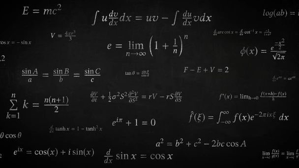 Símbolos da equação da ciência da fórmula da matemática escritos em Chalkboard que move a renderização 3D Textura de fundo abstrata - Foto, Imagem