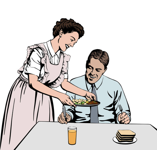 Die Frau serviert dem Mann das Mittagessen. Retro-Stil - Vektor, Bild