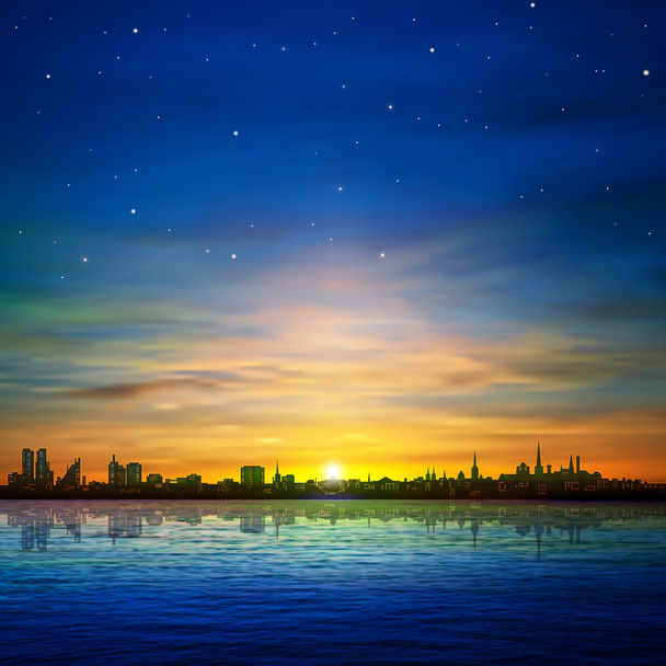 абстрактный фон с панорамой города и восхода солнца - Вектор,изображение