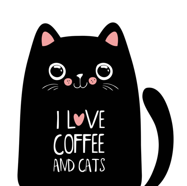 Kawaii musta kissa kahvin kirjoituksella. - Vektori, kuva