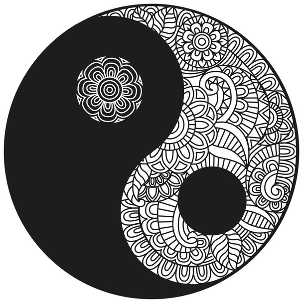 Symbol Vector Yin-Yang. Omalovánky pro dospělé v orientálním stylu s květinami a etnické květinové ozdoby. Kruhový mandala vzor pro hennu, mehndi, tetování, dekorace. Dekorativní ozdoba - Vektor, obrázek