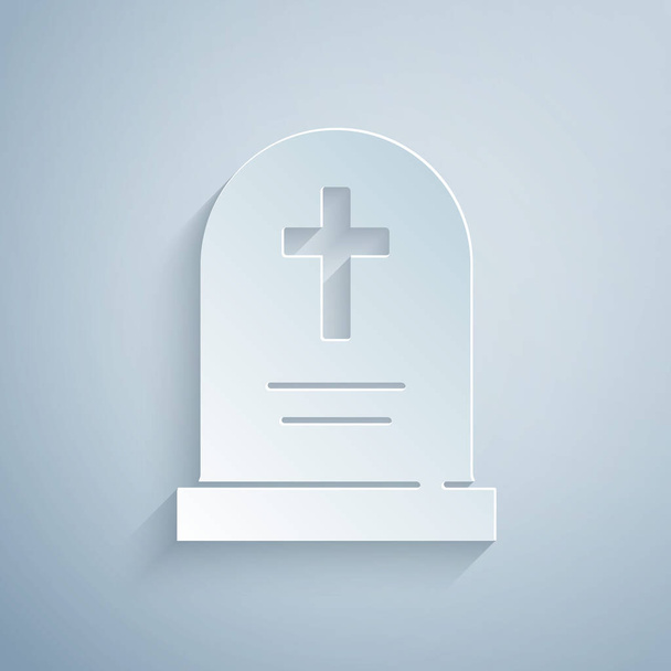 Paper cut Tombstone with cross icon isolated on grey background. Grave icon. Happy Halloween party. Paper art style. Vector - Vector, Image