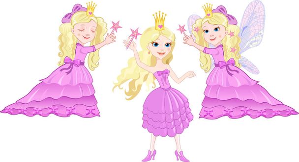 Beautiful pink fairy. Cute girl in a purple dress with fairy wings - Vector, Image