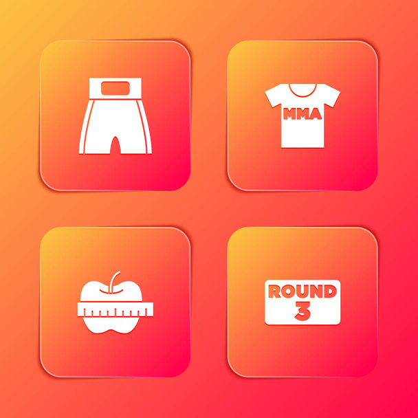 Set Boxeo corto, camiseta con club de lucha MMA, Apple e icono de cinta métrica y tablero. Vector - Vector, Imagen