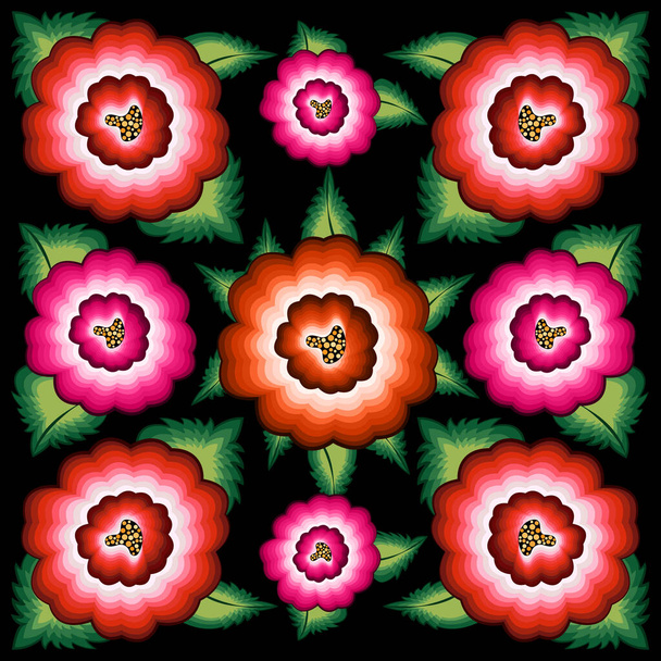 Motif sans couture de broderie florale mexicaine, design de mode folklorique de fleurs indigènes colorées. Style textile traditionnel brodé du Mexique, vecteur isolé sur fond noir - Vecteur, image