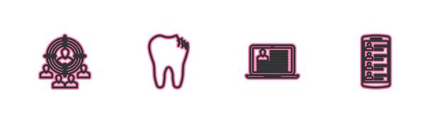 Set line Marketing target strategy, Laptop with resume, Broken tooth and Smartphone contacts icon. Vector. - Vector, Image
