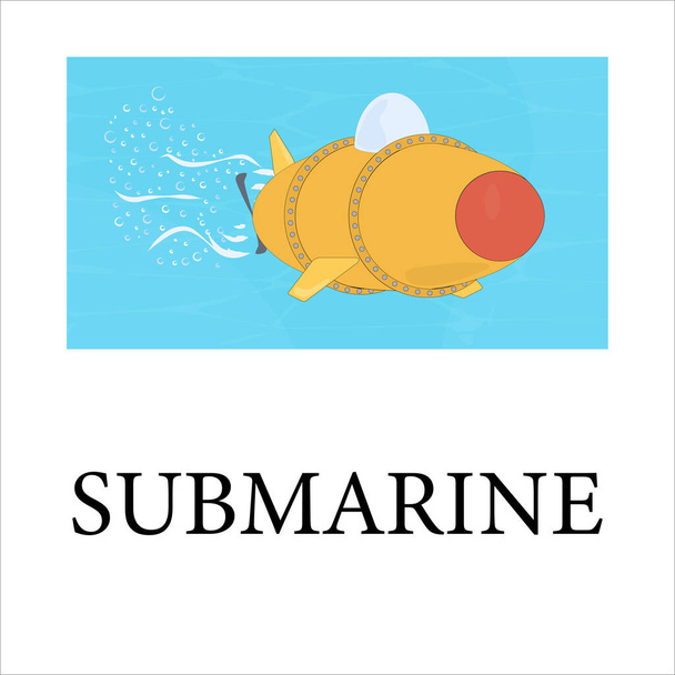 水中で潜望鏡付きの黄色の潜水艦。潜水艦を用いて水中世界の研究。漫画のベクトル図のフラットスタイル. - ベクター画像