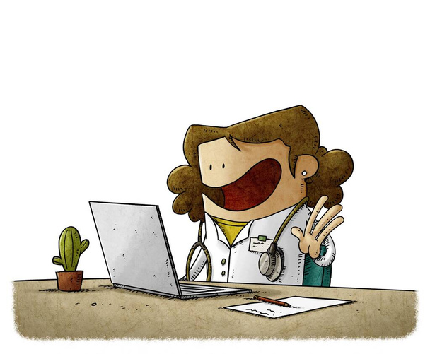 απεικόνιση ενός γιατρού μπροστά από έναν υπολογιστή παρακολουθεί τους ασθενείς της σε απευθείας σύνδεση. απομονωμένα - Φωτογραφία, εικόνα
