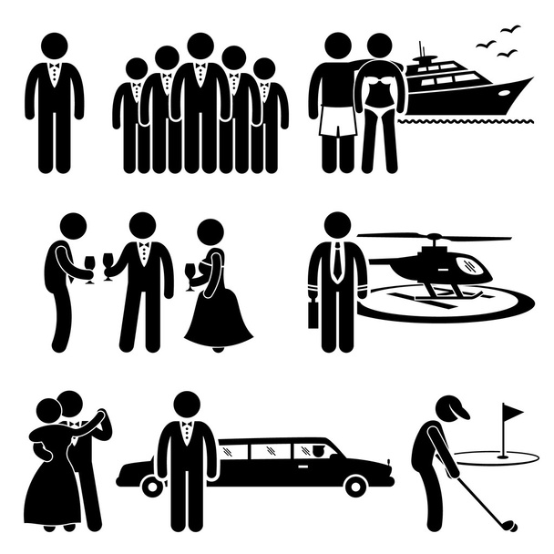 Persone ricche Alta società Stile di vita costoso Attività Stick Figura Pittogramma Icona Cliparts
 - Vettoriali, immagini
