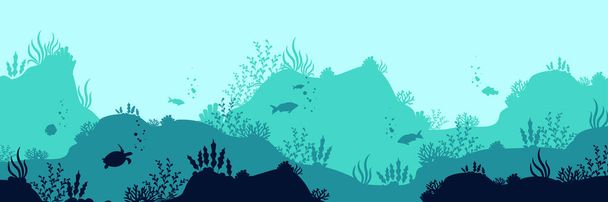 Ozeanische Tiefenwelt Hintergrund. Dunkle Unterwasser-Silhouetten schwimmen Meeresfische mit blauen Umrissen Korallen. - Vektor, Bild
