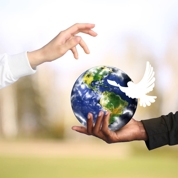 Ruce bělošky a Afroameričan muž s modelem Země a holubice na barevném pozadí. Mezinárodní den míru - Fotografie, Obrázek