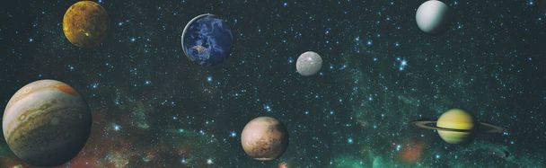 Slunce, rtuť, Venuše, planeta Země, Mars, Jupiter, Saturn, Uran, Neptun. Planeta sluneční soustavy, kometa, slunce a hvězda. Prvky tohoto snímku poskytla NASA. - Fotografie, Obrázek