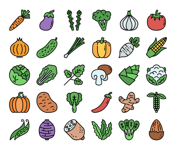 Zöldségszín vázlat Vektor ikonok Pixel Tökéletes - Vektor, kép