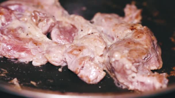 Chef carne de cerdo a la parrilla filete en sartén. Cocinar filete de cerdo. - Metraje, vídeo