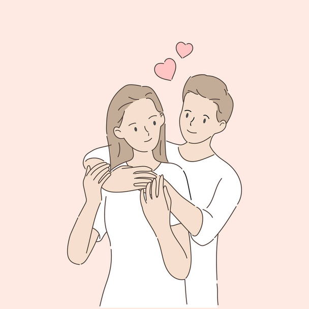 Der junge Mann umarmt das Mädchen von hinten und schenkt ihm Liebe. Valentinstag-Konzept. Handzeichnen. Vektorillustration. - Vektor, Bild