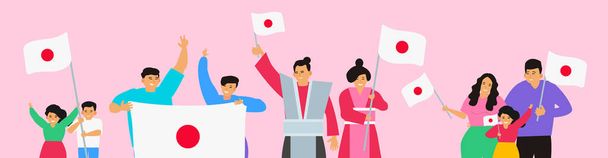 groupe de heureux Japonais avec des drapeaux japonais illustration vectorielle - Vecteur, image