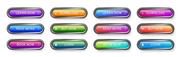 Σύνολο διανυσματικών κουμπιών ιστού. Αφηρημένα κουμπιά από γυαλί με μεταλλικό πλαίσιο για χρήση σε ιστοσελίδα, εφαρμογές και παιχνίδια. Συλλογή στοιχείων σχεδίασης για UI. - Διάνυσμα, εικόνα